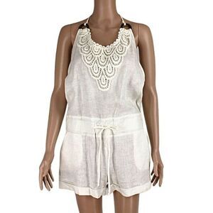 grass collection Romper Shorts  Halter Top Linen Pockets Lace Bodice Ivory Sz M